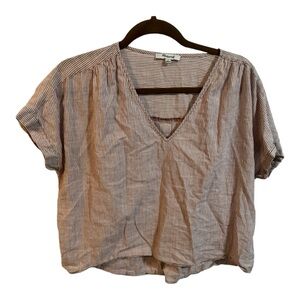 Madewell Striped Short Sleeve Cropped V Neck Blouse w/ Button Detail on Back
